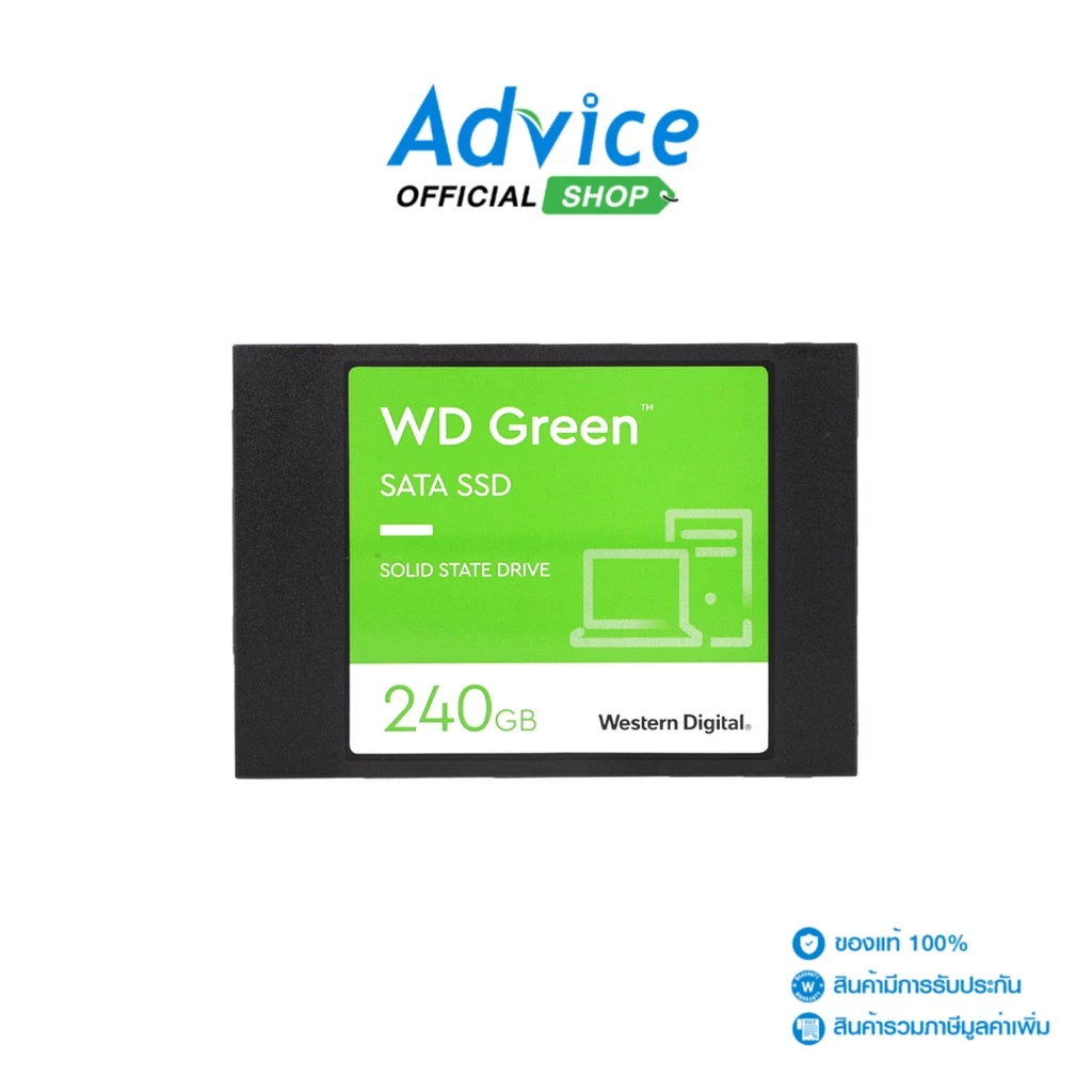 SSD WD GREEN ความจุ 240GB เชื่อมต่อผ่าน SATA ช่วยให้บูตเครื่องไว โหลดโปรแกรมเร็วขึ้น เหมาะสำหรับอัปเกรดพีซีหรือโน้ตบุ๊กทุกประเภท
